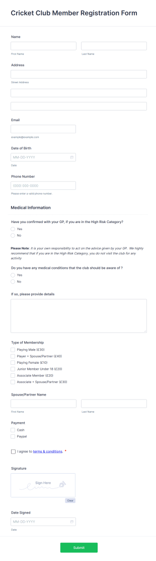 Cricket Club Member Registration Form Template