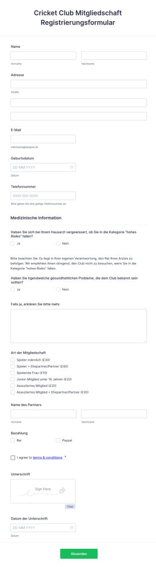 Cricket Club Mitgliedschaft Registrierungsformular