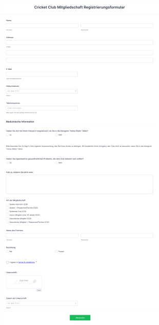 Cricket Club Mitgliedschaft Registrierungsformular
