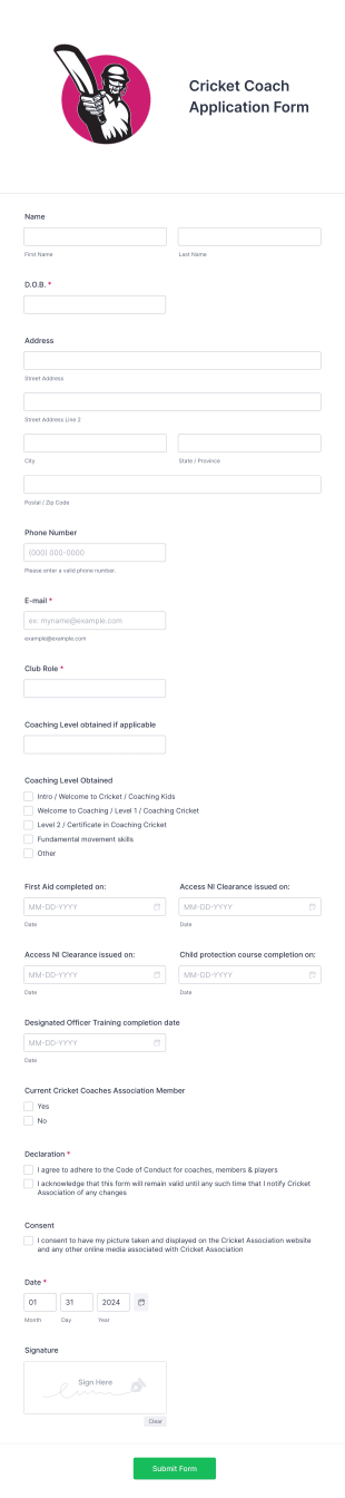 Cricket Coach Application Form Template