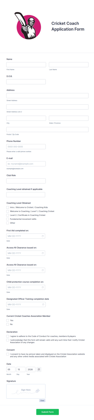 Cricket Coach Application Form Template