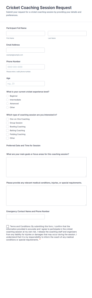 Cricket Coaching Session Request Form Template