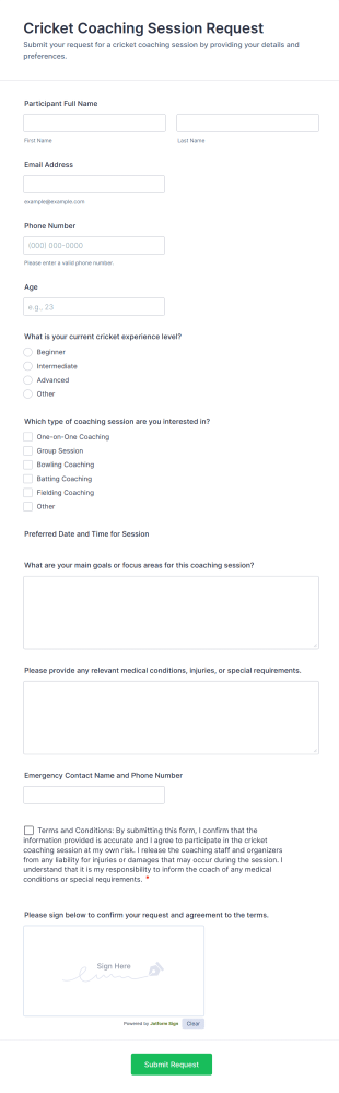 Cricket Coaching Session Request Form Template