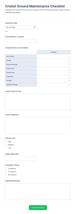 Cricket Ground Maintenance Checklist Form Template