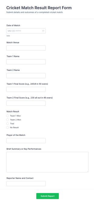 Cricket Match Result Report Form Template