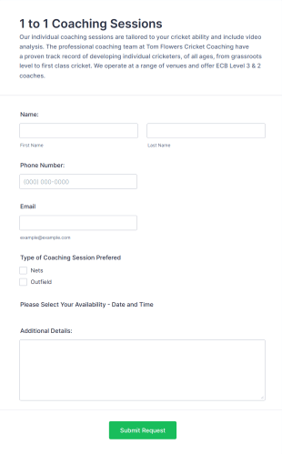 Cricket Net Booking Form Template