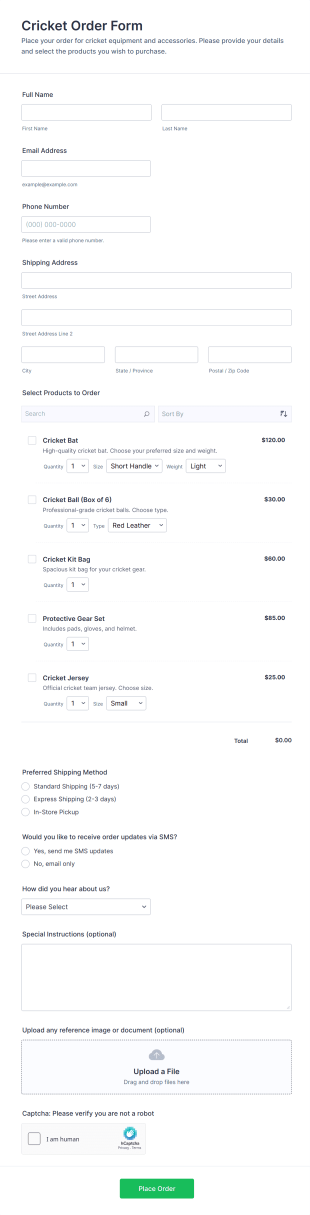 Cricket Order Form Template