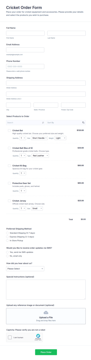 Cricket Order Form Template