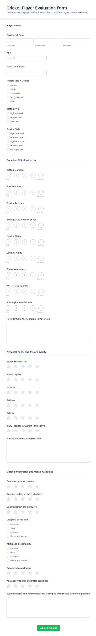 Cricket Player Evaluation Form Template