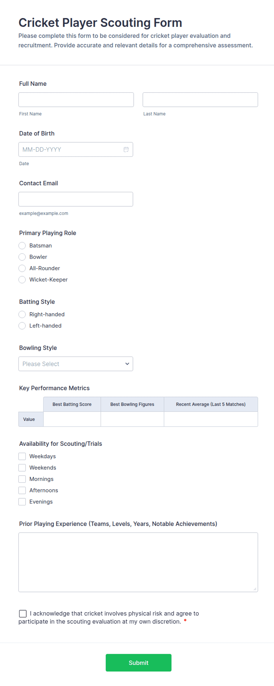 Cricket Player Scouting Form Template | Jotform