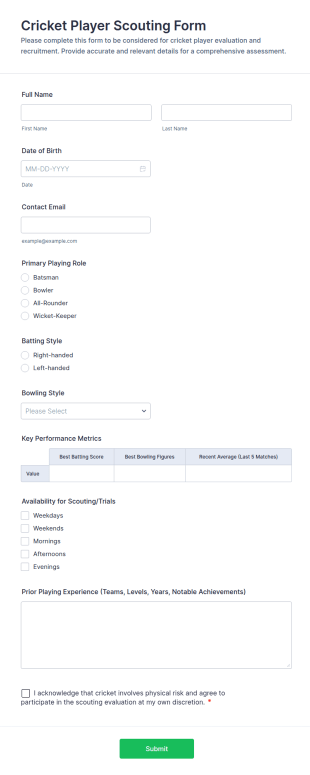 Cricket Player Scouting Form Template