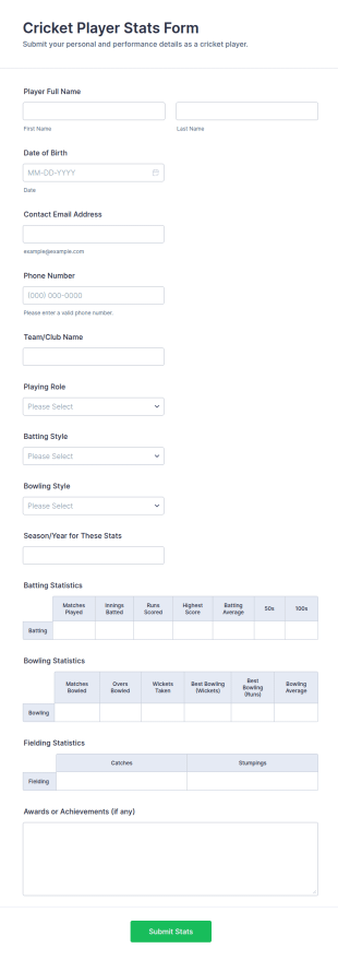 Cricket Player Stats Form Template