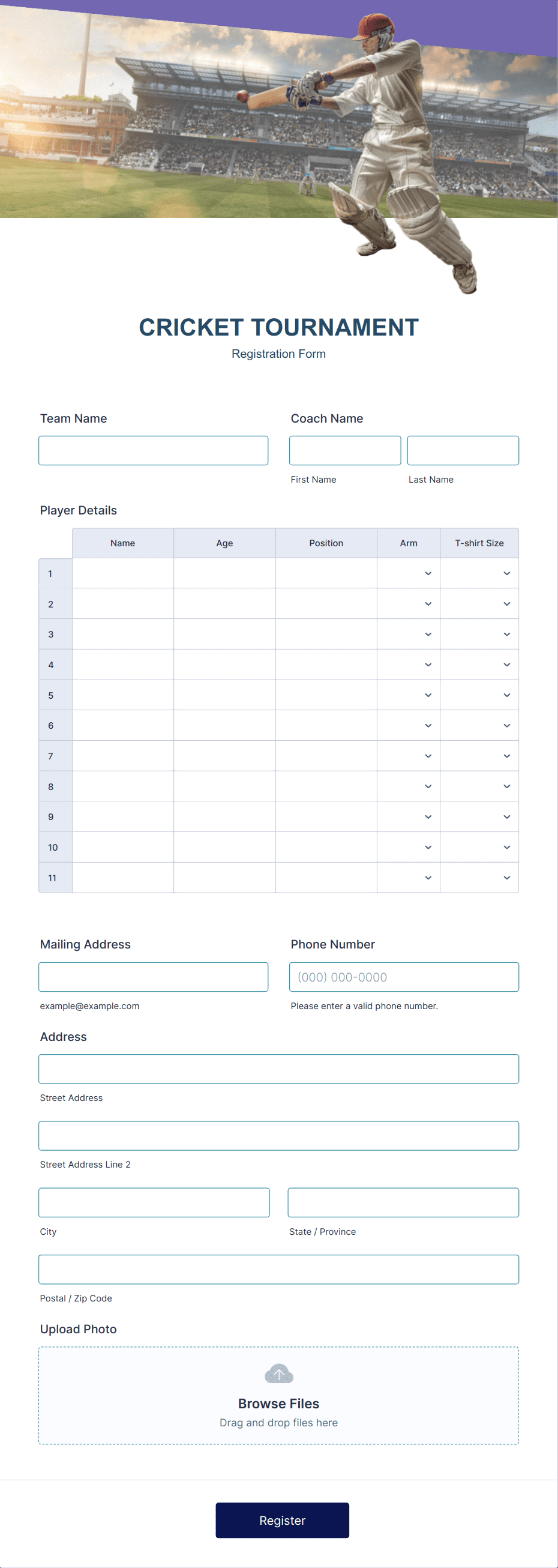 Cricket Tournament Registration Form Template | Jotform