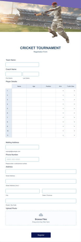 Cricket Tournament Registration Form Template