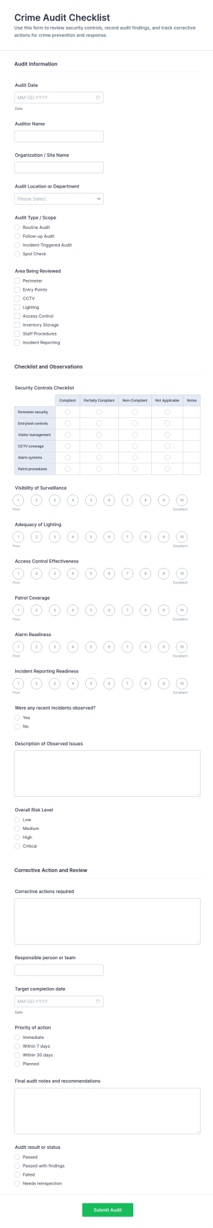 Crime Audit Checklist Form Template
