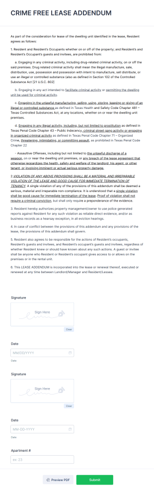 Crime Free Lease Addendum Form Template
