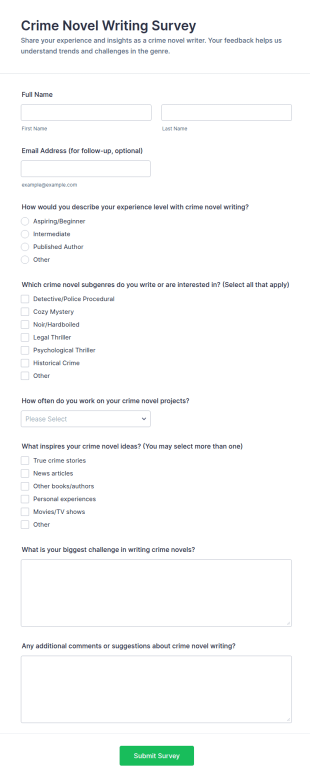 Crime Novel Writing Survey Form Template