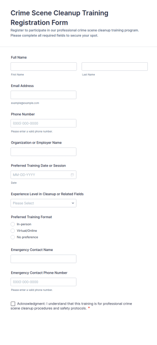 Crime Scene Cleanup Training Registration Form Template
