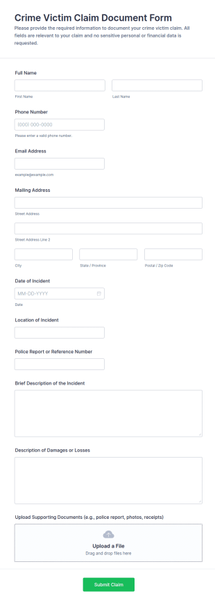 Crime Victim Claim Document Form Template