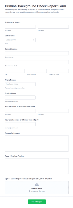 Criminal Background Check Report Form Template