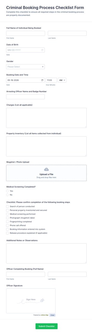 Criminal Booking Process Checklist Form Template
