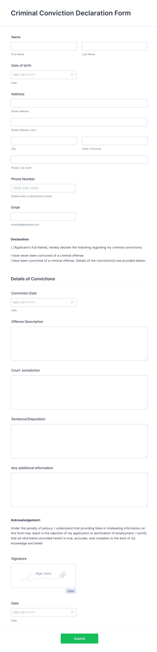 Criminal Conviction Declaration Form Template