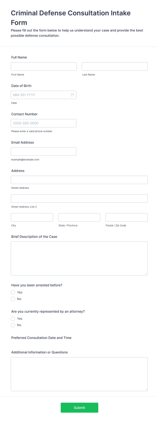 Criminal Defense Consultation Intake Form Template