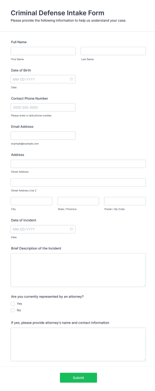 Criminal Defense Intake Form Form Template