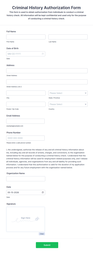 Criminal History Authorization Form Template