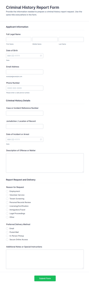 Criminal History Report Form Template