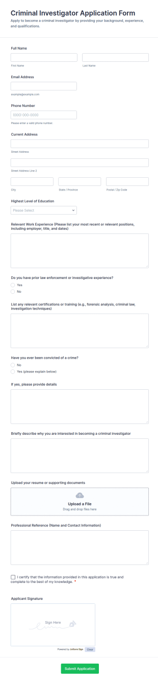Criminal Investigator Application Form Template