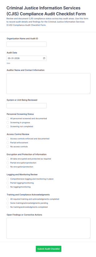 Criminal Justice Information Services (CJIS) Compliance Audit Checklist Form Template