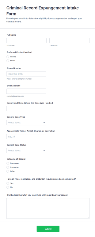 Criminal Record Expungement Intake Form Template