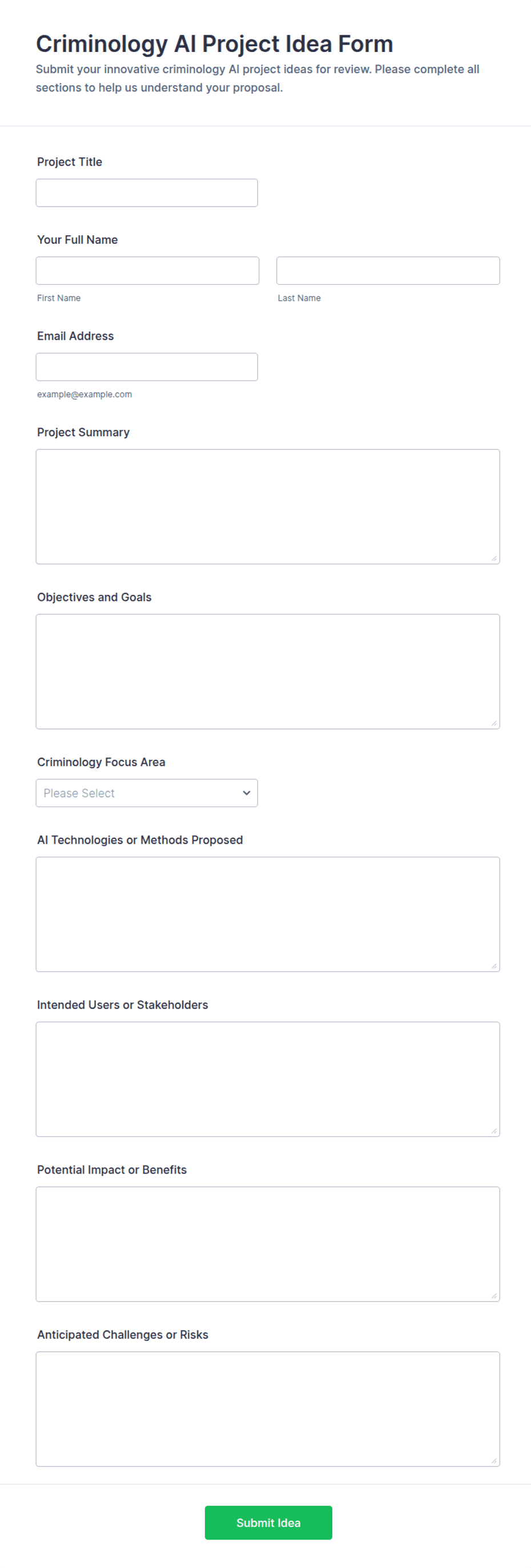 Criminology AI Project Idea Form Template | Jotform