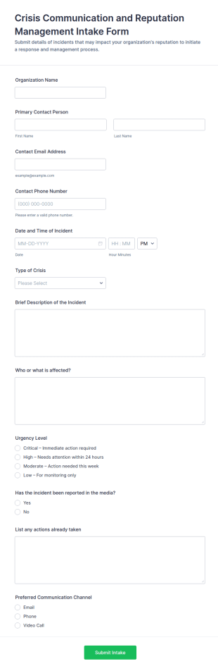 Crisis Communication And Reputation Management Intake Form Template