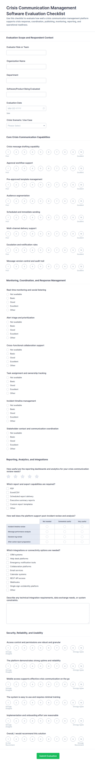 Crisis Communication Management Software Evaluation Checklist Form Template