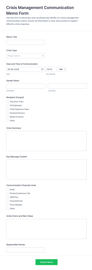 Crisis Management Communication Memo Form Template
