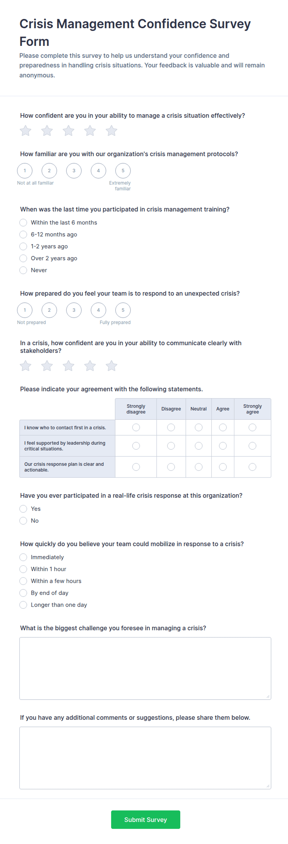 Crisis Management Confidence Survey Form Template | Jotform