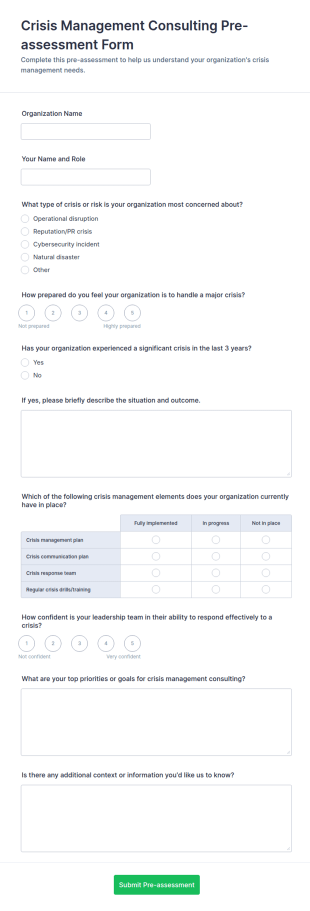 Crisis Management Consulting Pre Assessment Form Template