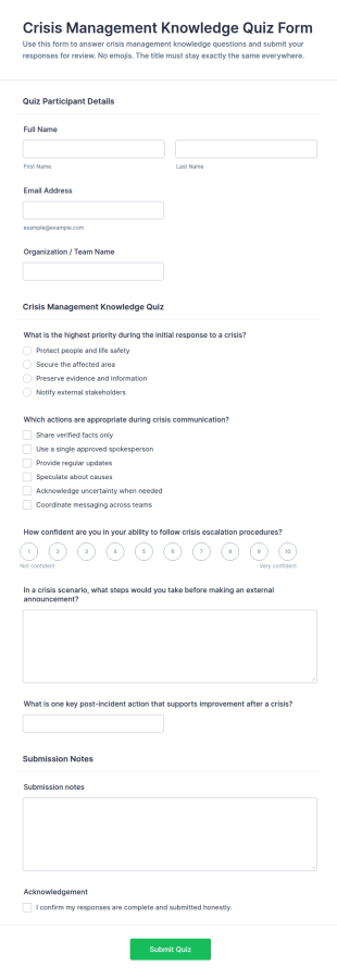 Crisis Management Knowledge Quiz Form Template
