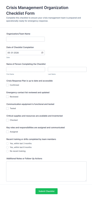Crisis Management Organization Checklist Form Template