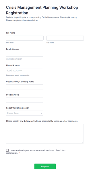 Crisis Management Planning Workshop Registration Form Template