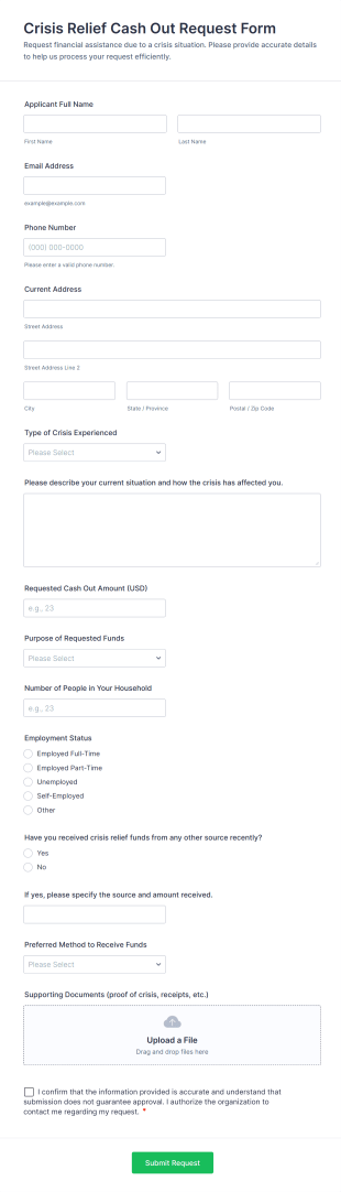 Crisis Relief Cash Out Request Form Template