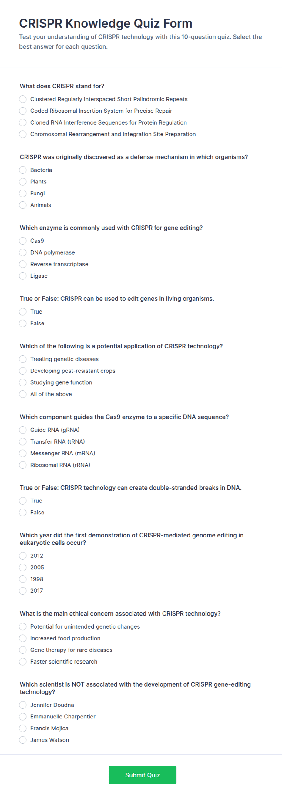 CRISPR Knowledge Quiz Form Template | Jotform