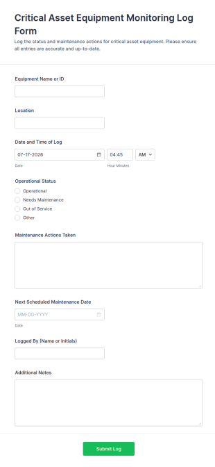 Critical Asset Equipment Monitoring Log Form Template