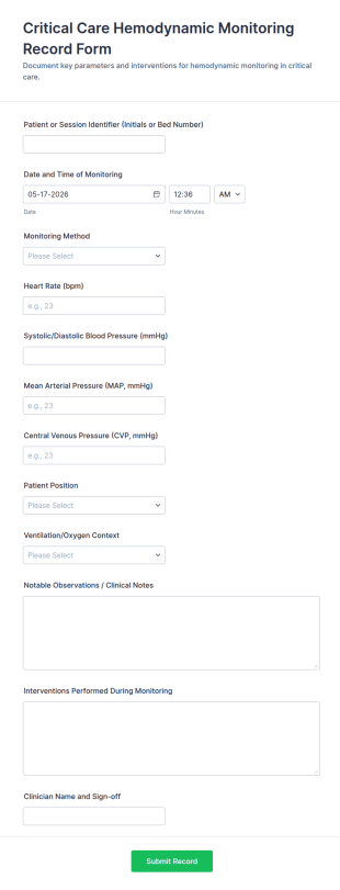 Critical Care Hemodynamic Monitoring Record Form Template