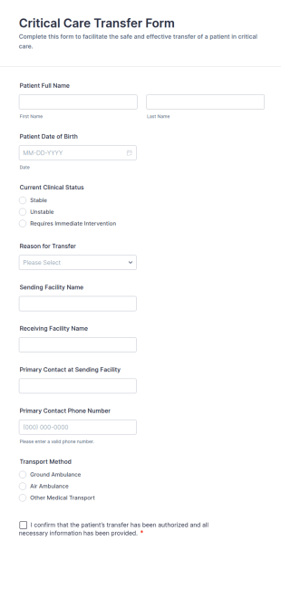 Critical Care Transfer Form Template