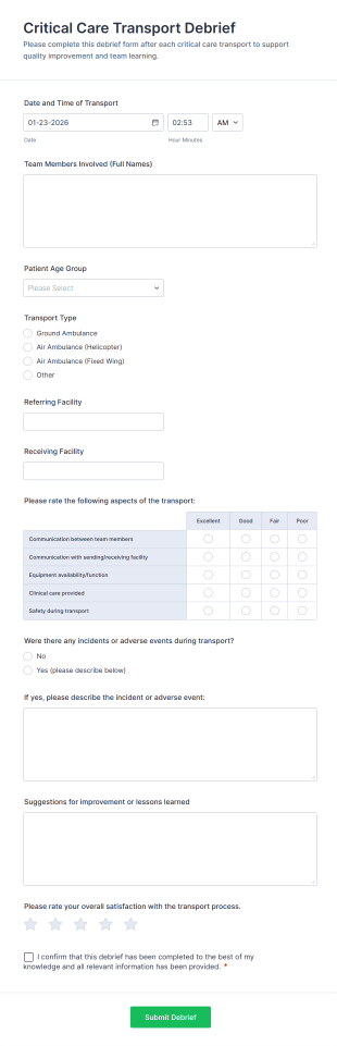 Critical Care Transport Debrief Form Template