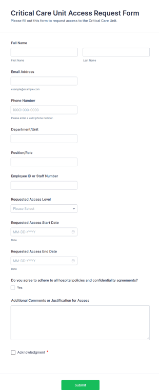 Critical Care Unit Access Request Form Template