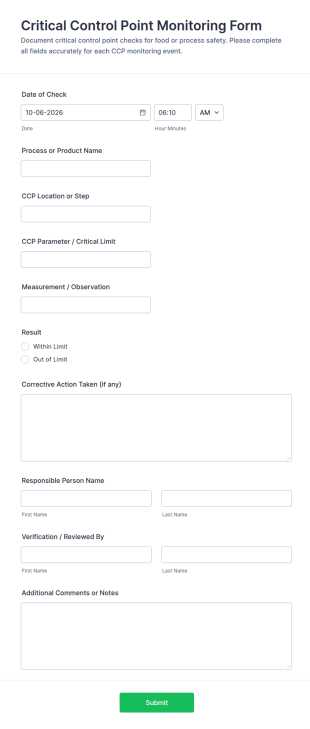 Critical Control Point Monitoring Form Template
